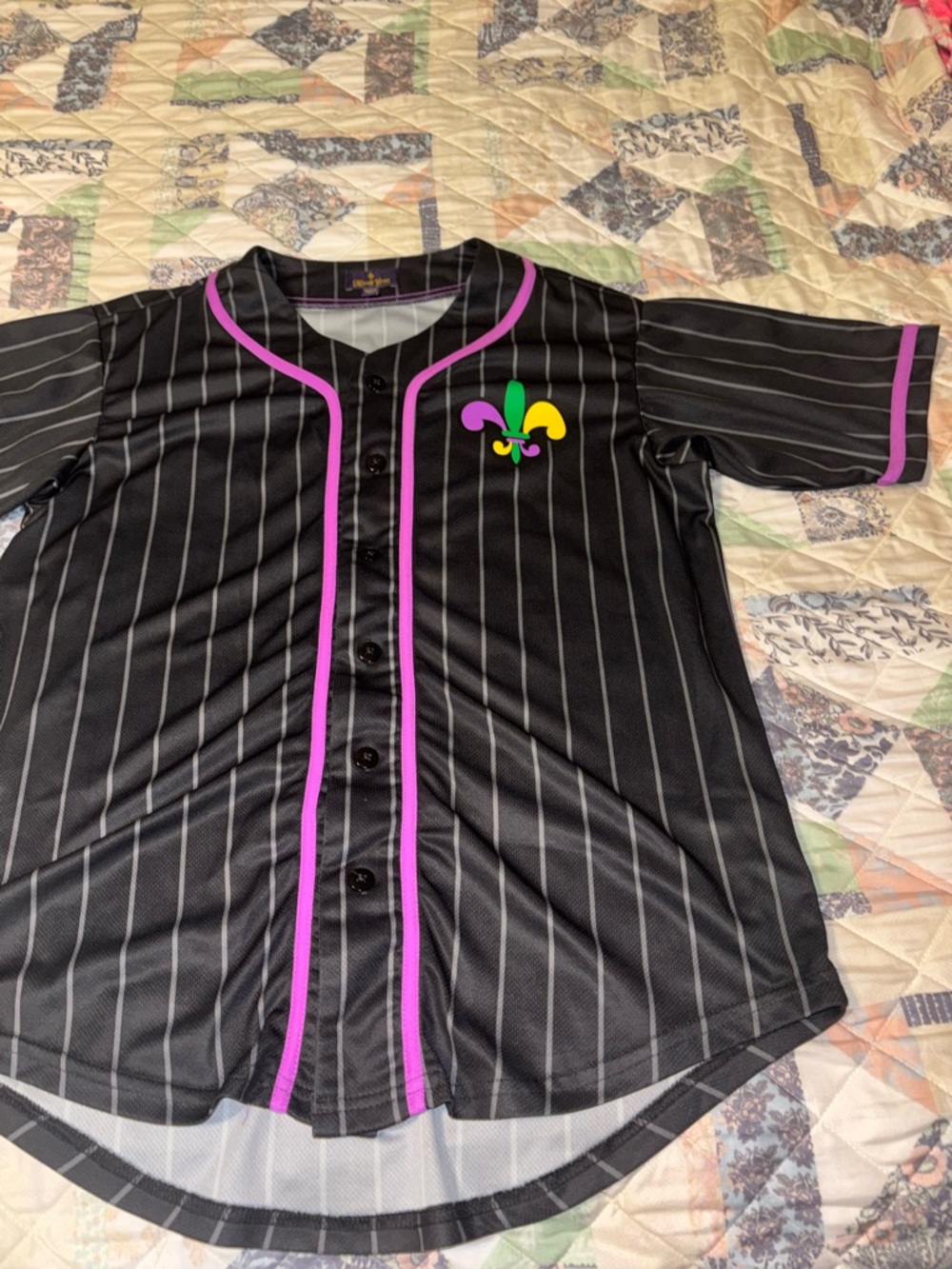 Black Pinstripe Button-Down Shirt with Purple Trim and Fleur-de-Lis Patch